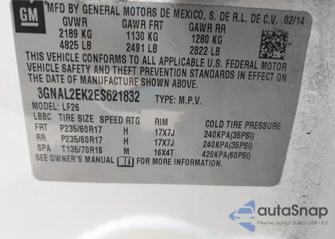 2014 Chevrolet Captiva Sport 2Ls from USA, damaged, VIN 3GNAL2EK2ES621832